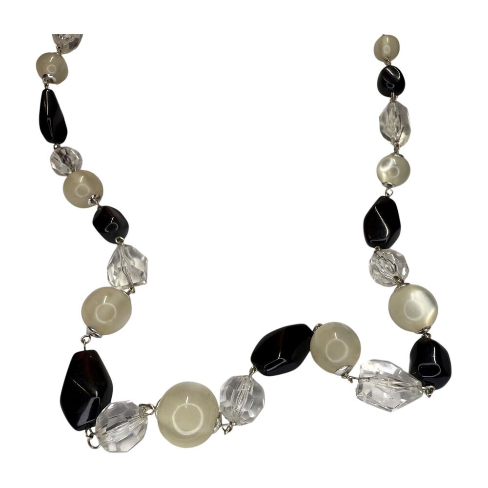 Vintage Faceted Faux Pearl, Onyx and Crystal Beaded Necklace Statement Jewelry - Picture 2 of 6